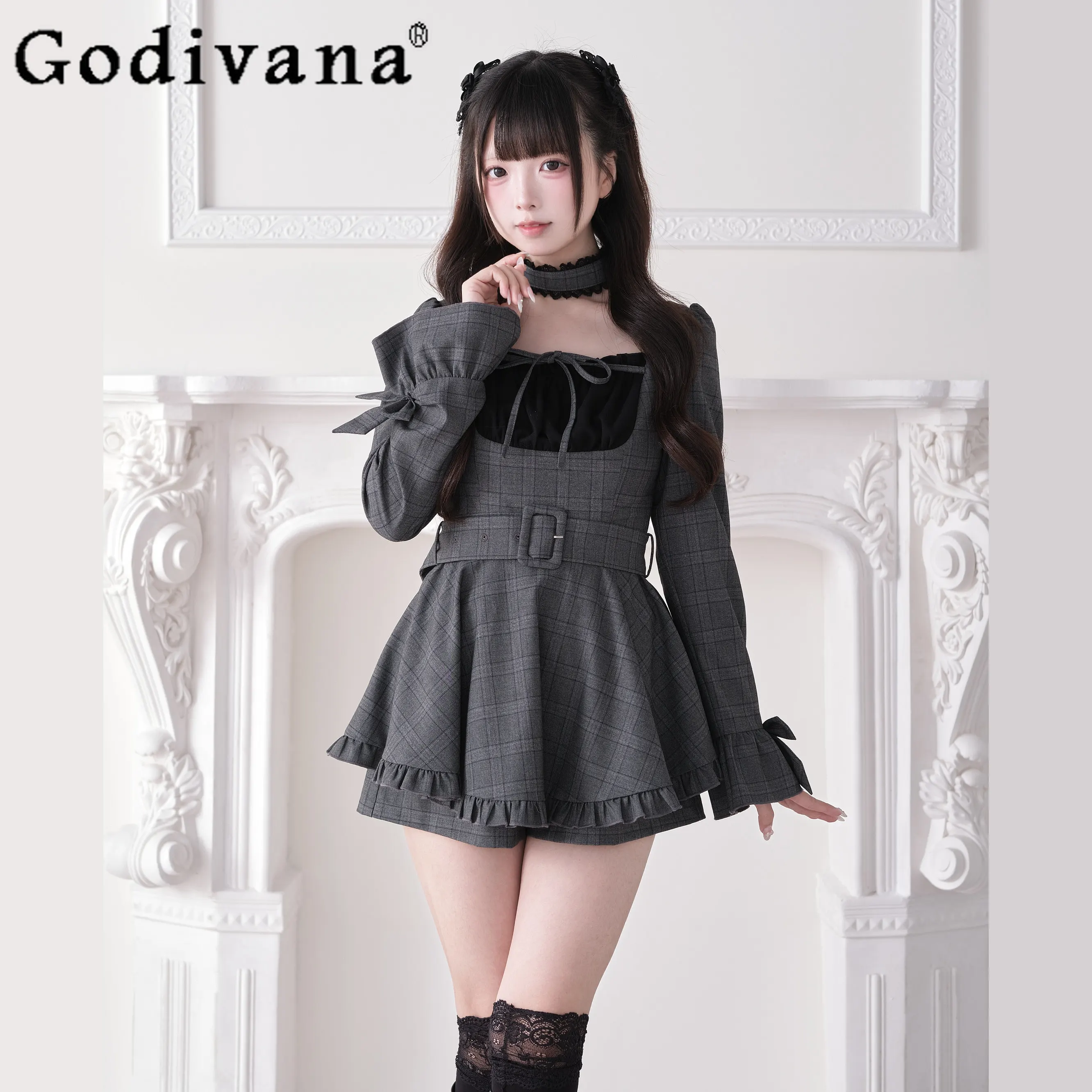 

Original Japanese Subculture Mass-produced Long-sleeved Plaid Top Shorts 2-piece Set Spring Slim-fit Short Dress Set for Women