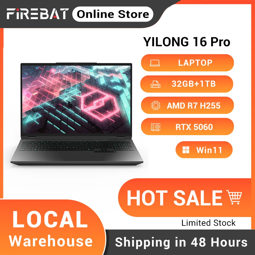 FIREBAT YILONG 16 Pro Gaming Laptop AMD Ryzen 7 H255 Nvidia RTX 5060 DDR5 32GB RAM PCIe4 1TB SSD WiFi6 BT5.2 Windows11 Computer