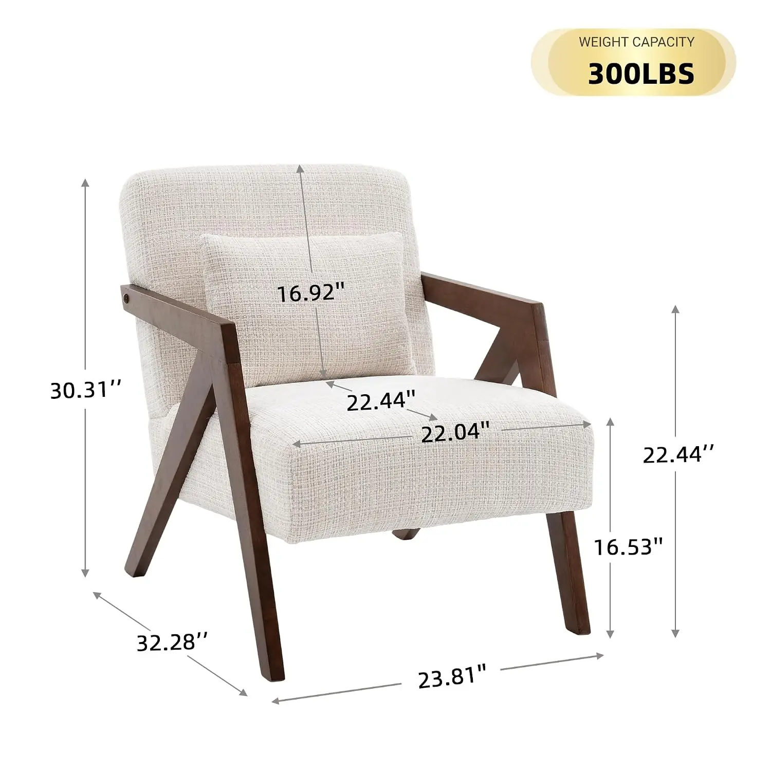 Mid-Century Accent Chair Solid Wood Frame Chenille Armchair Pillow Bedroom Living Room Balcony Beige, Customized