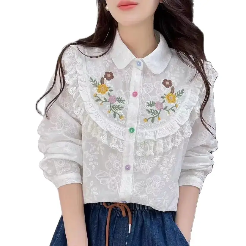 New Spring Cotton Sweet Shirt Women Long Sleeve Floral Embroidery Tops Girl Simple Fashion Casual Blouses 2024 Summer T45307QM