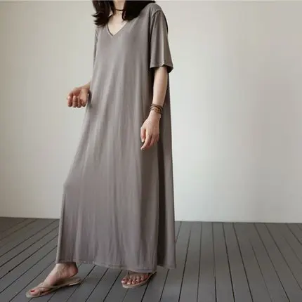 XSM Women's V-ne T-irt Dr Knee-length Summer Dr Pure Color round Ne Elastic Waist ort Sve Mid-length Skirt