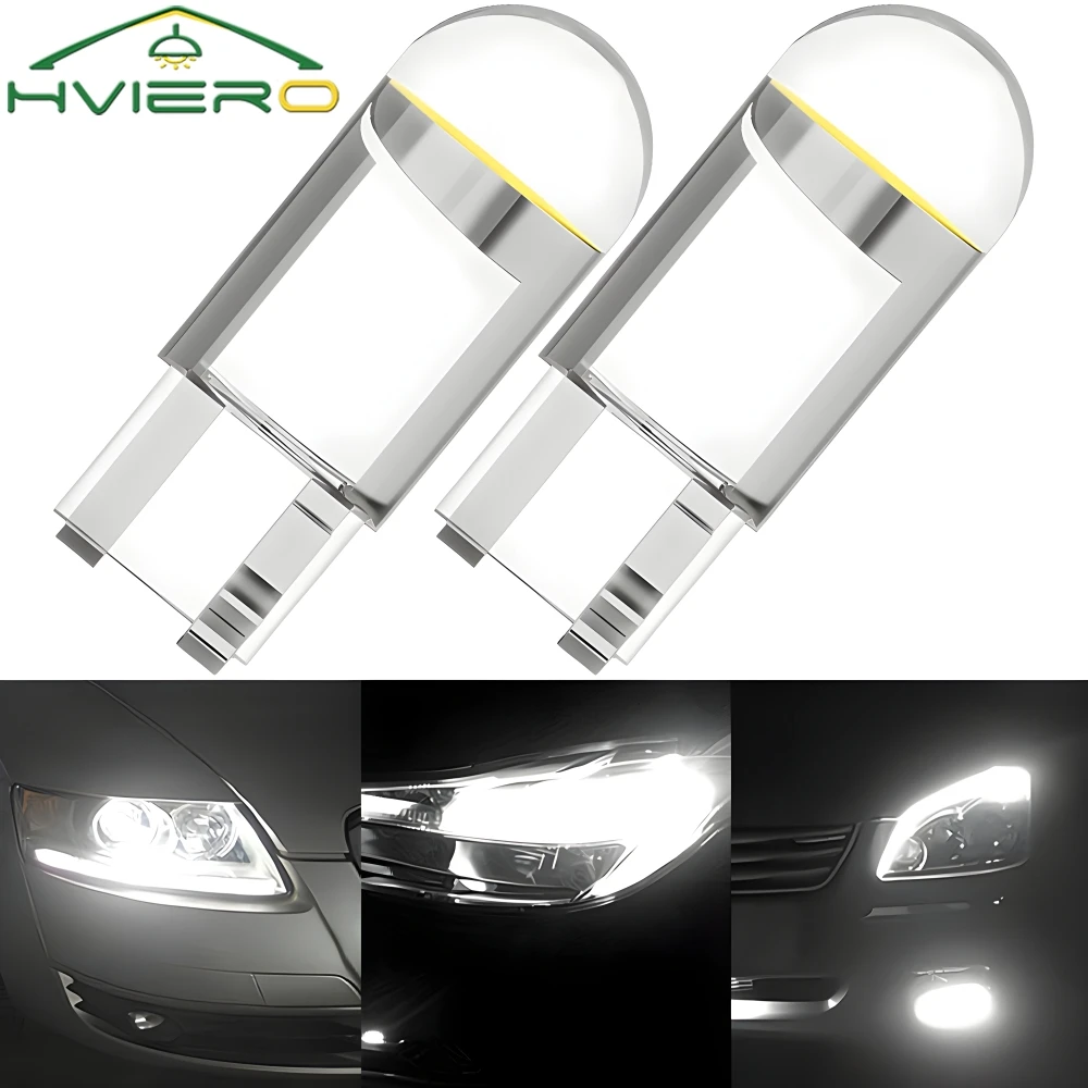 2PCS W5W 194 T10 Glass Housing Cob LED Home Bulb 6000K Wedge License Plate Lamp Dome Light White Diedo Auto Interior Read 12V DC