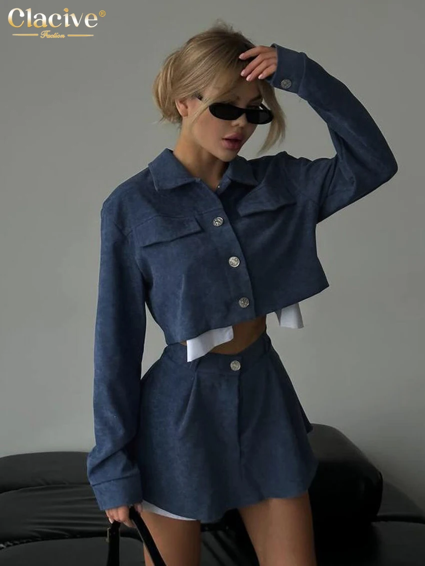 Clacive Fashion Slim Blue 2 Piece Sets Women Outfit 2024 Elegant Long Sleeve Shirt With High Waist Shorts Set Female Streetwear