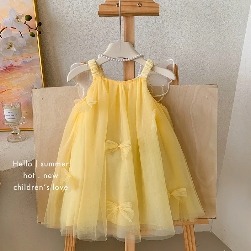 Girls Mesh Dresses 2026 New Fashion Summer Princess Butterfly Tulle Gown Kids Sweet Sleeveless Vestidos Children Casual Clothing 4