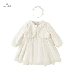 Dave Bella Princess Dress for Girls Baby Children 2024 New Autumn Sweet Charm Noble Fashion White Mesh Party Outdoor DB3241448