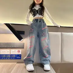 Girls Jeans School Wide Leg Pants 2024 Autumn New Korean Style Children's Fashionable and Western Love Denim Wide Leg Pants