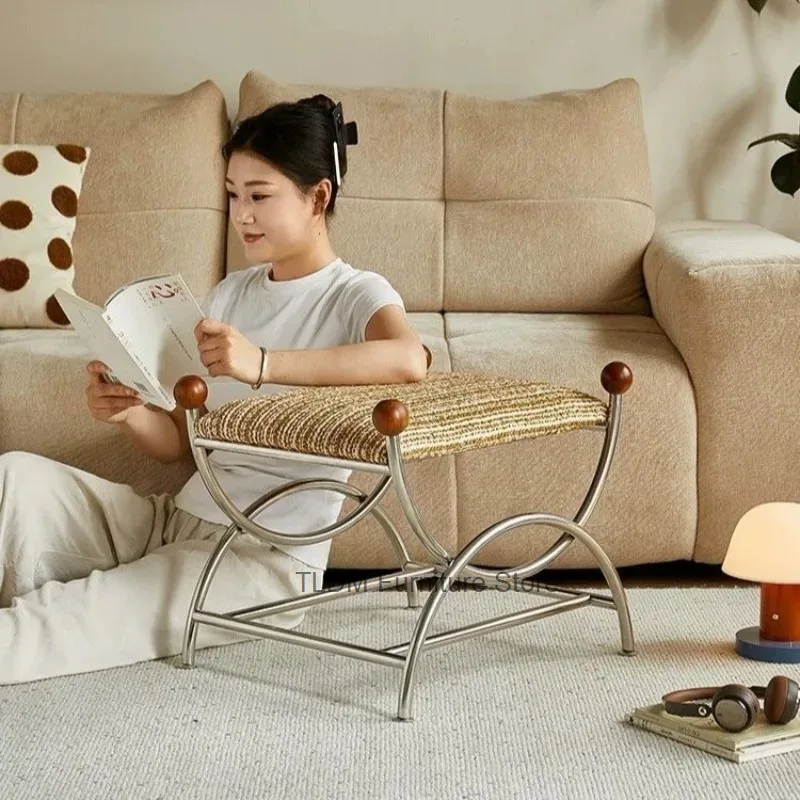 Footrest Curved Hallway Metal Frame Multi-purpose Stool Woven Bench Cushion Wooden Dressing Ball Decor Cross