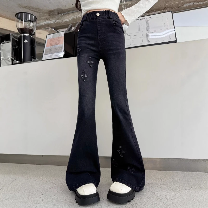 Girls' Flared Denim Jeans Elastic Fitted Flare Pants Pre-teen Girl Fitted Long Pants Children's Casual Party Back-to-school Seas