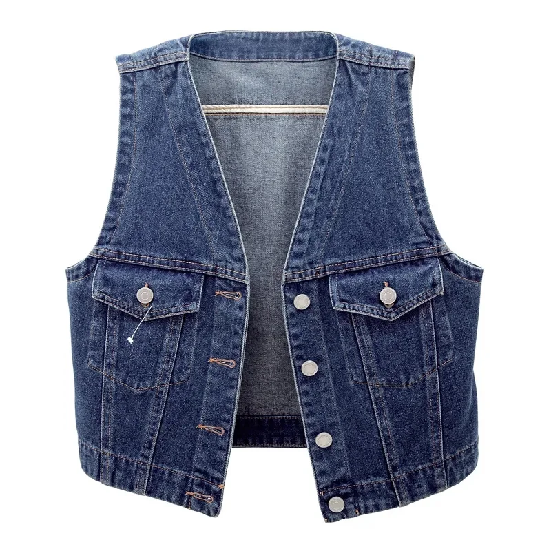 

spring new Fashion Denim Vest Female Streetwear V Neck Big pocket slim Jean Waistcoat Tops Sleevless Jacket Women outerwear T369