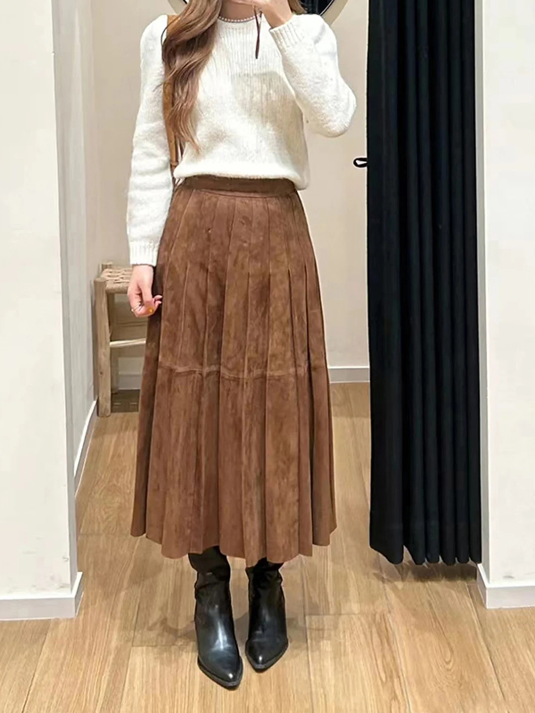 

Early Spring Knitted Sweater Women's A-Line round Ne oulder Padded Long Skirt Casual Skin-Friendly Breathable