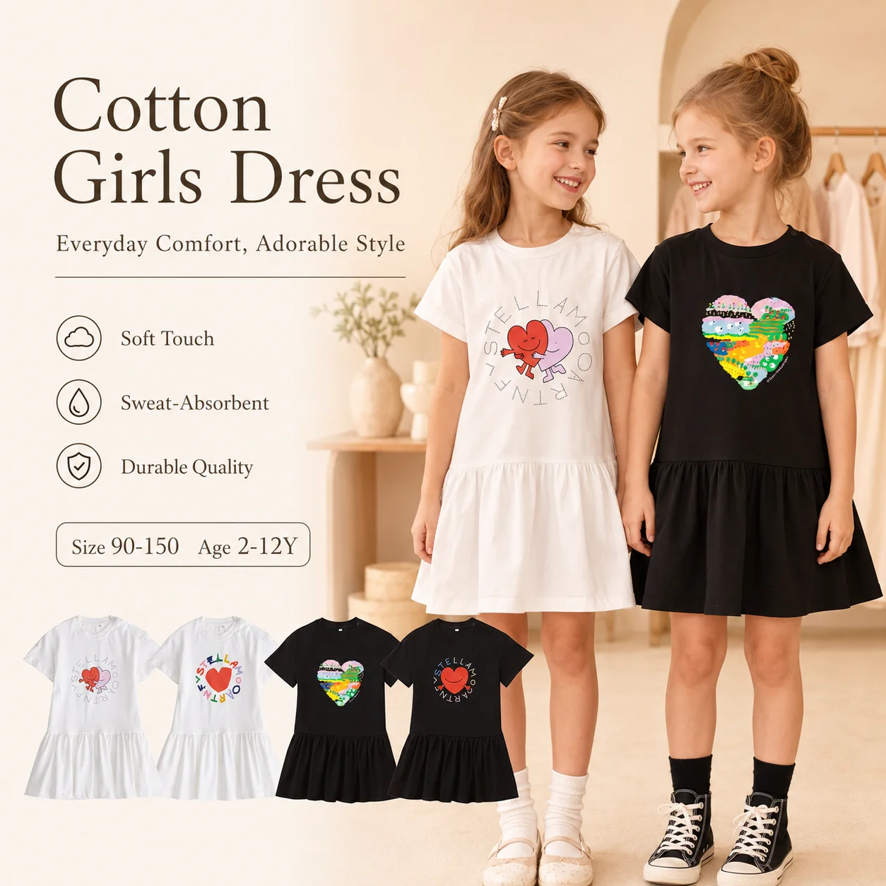 Cute Girls Summer Dress 2026 New Heart letter print short sleeve cotton Kids princess dress vacation casual little girl Dresses