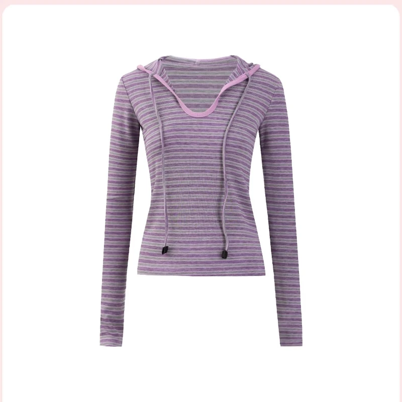 Design vintage casual listrado com capuz camada base moletom feminino 2026 primavera moda personalidade emagrecimento malha topo senhoras