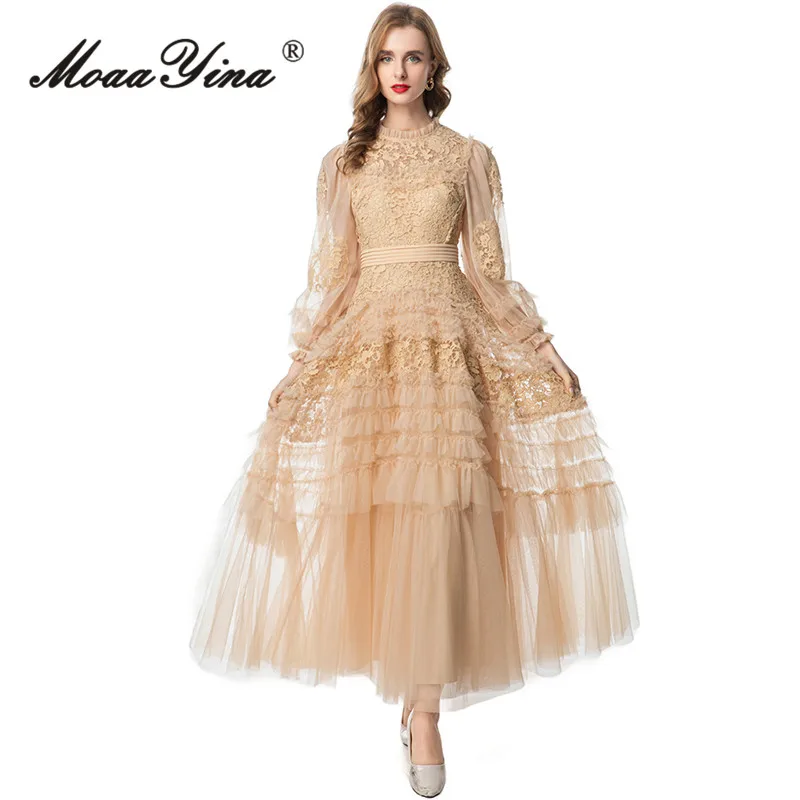 MoaaYina Vestido de renda com gola alta, manga comprida, em camadas, orelhas pretas, franjas, fofo, estilo princesa, para primavera/verão 2025 S-4XL