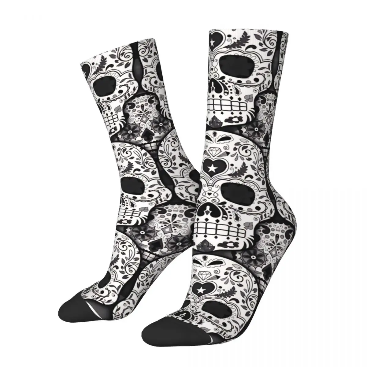 Funny Happy Sock for Men Sugar Skulls Vintage Day of the Dead Breathable Pattern Printed Crew Sock Novelty Gift