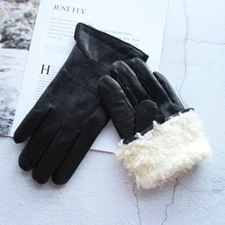 Men's Winter Thick Warm Leather Gloves Lamb Fur Lined Windproof Cold Resistant Outdoor Skiing Motorcycle Riding Gloves