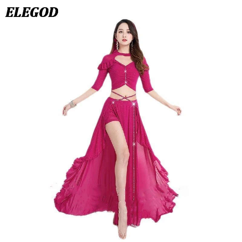 Adult Belly Dance Costume Set Ladies Oriental Bellydance Outfit Women Elegant Top and Skirt with Hair Band Dance Training Suit