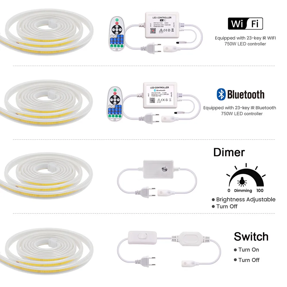 Wifi Bluetooth pasek COB LED przełącznik 23key ściemniacz z pilotem przełącznik zestaw zasilający 220V 288 LEDs elastyczne oświetlenie liniowe