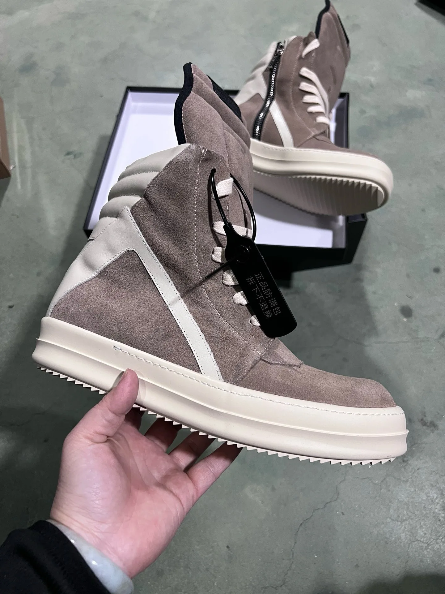 Ricks Brown Suede Leather High Top Geobasket Owens Quality Men Shoe Zipper Women Sneaker Casual Owens Design boots & Shoes