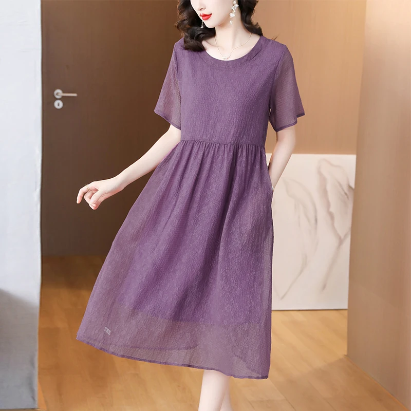 

2023 New Fashion Silk Solid Color Dress Women's Summer Vintage Round Neck Short Sleeve Loose Fit Casual Holiday Dress Vestidos