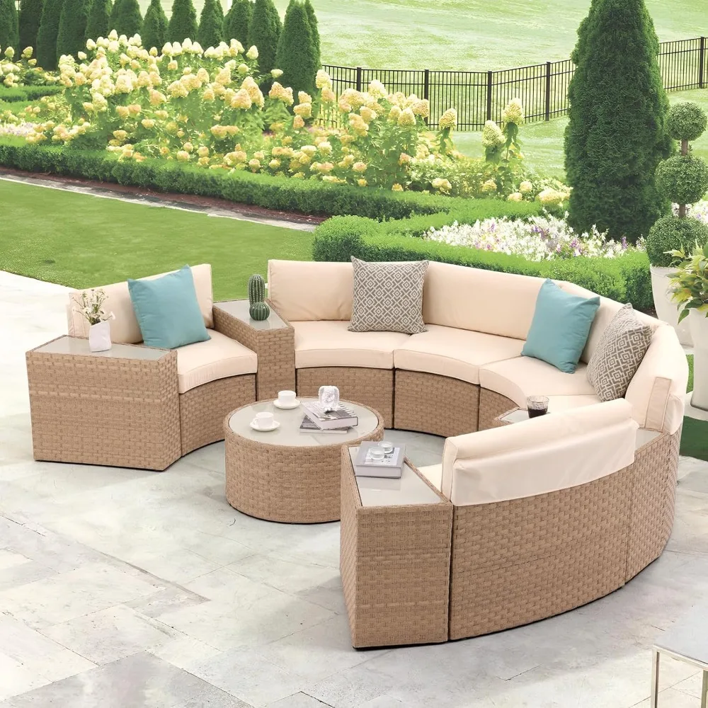 Outdoor Sectional Set Half Moon Patio Furniture Natural Color Wicker Sofa Creamy White Cushions with 4 Side Table and 4 Pillows