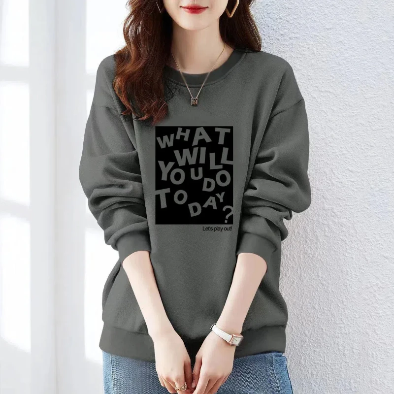 Sweatshirt Loose Women's New Gray Printed Round Neck Pullover Fashionable and Western Tops for Women