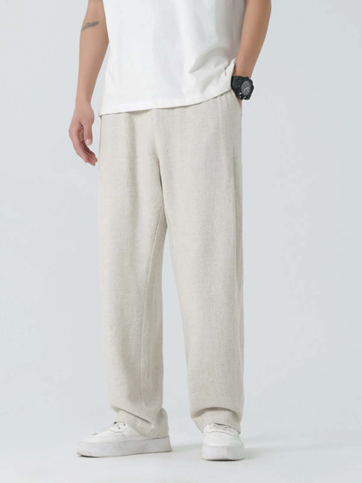 

Мужские летние тонкие хлопково-льняные брюки свободного кроя с широкими штанинами, повседневные, с низкой посадкой, длинные, прямые, дышащие, модные