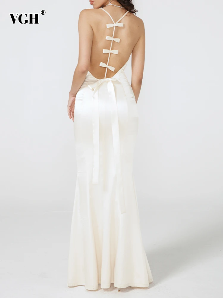 

VGH Elegant Solid Split Dresses For Women Square Collar Sleeveless Backless Spliced Bow Slim Bodycon Long Dress Female Fashion