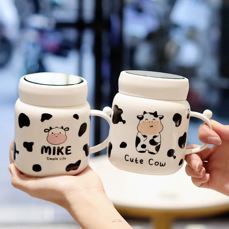 Cartoon Cow Mirror Mug Cute Cow Spotted Ceramic Water Bottle with Handle Couple Kawaii Student Drink Milk Cup Office Gift