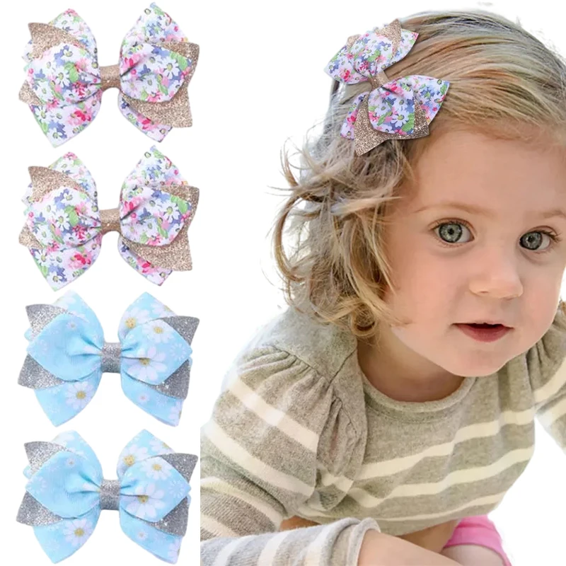 

ncmama 2Pcs/set New Daisy Print Hair Bows with Clip for Baby Girls Glitter Ribbon Hairpin Barrettes Headwear Hair Accessories