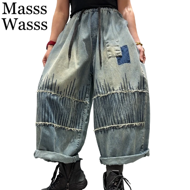 

Модные джинсы Masss Wasss 2026 с корейской вышивкой, женские свободные повседневные джинсовые брюки с широкими штанинами, классические винтажные брюки для женщин