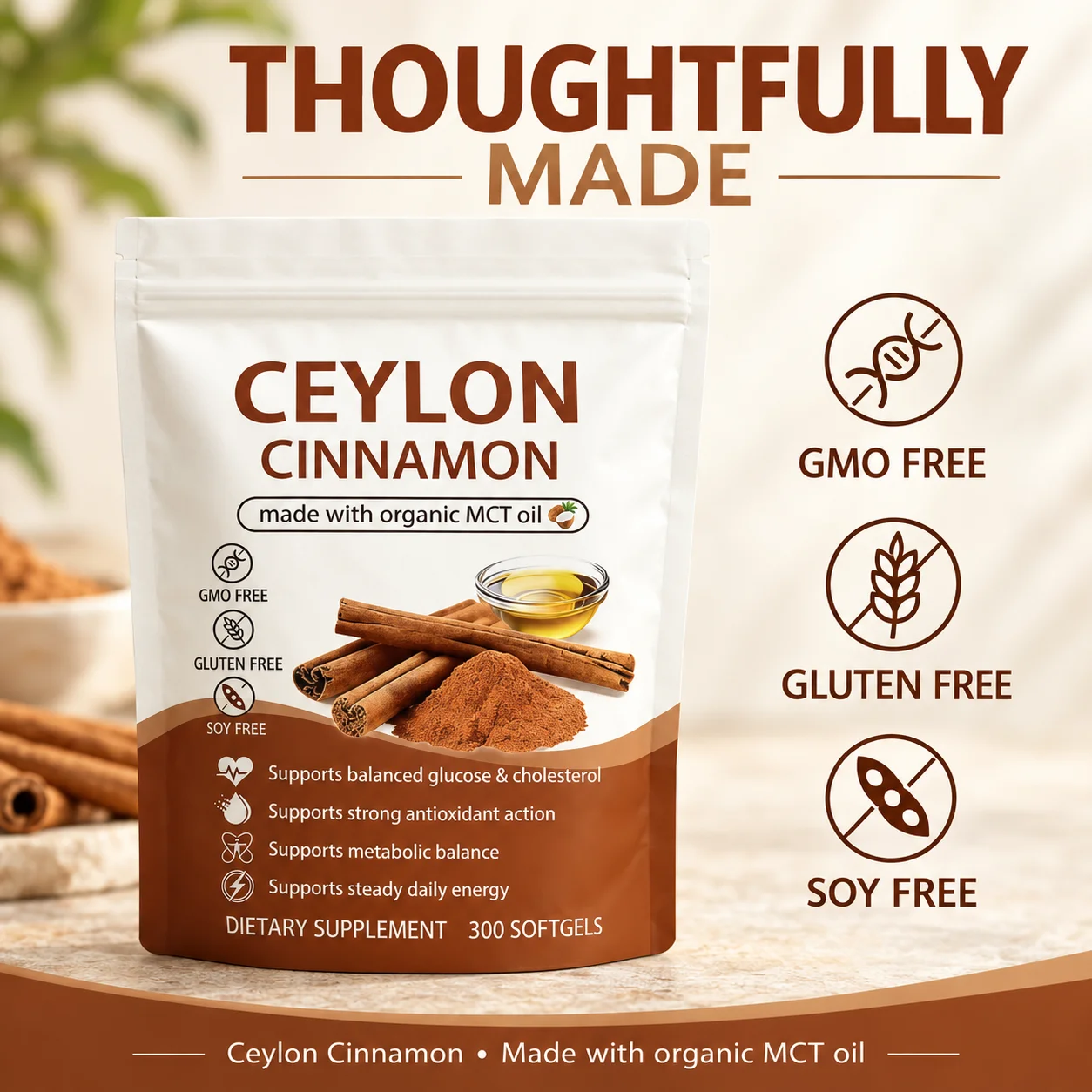 Ceylon Cinnamon 300 Softgels with MCT Oil Supports Antioxidant Activity Metabolic Balance and Everyday Energy Dietary Supplement