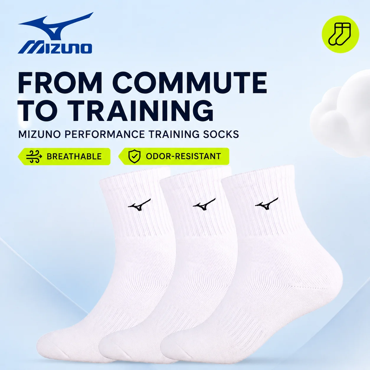 Mizuno Unisex Sports Socks 3 Pairs Thick Cotton Cushioned Terry Bottom Golf Pickleball Training Breathable Casual Men Women