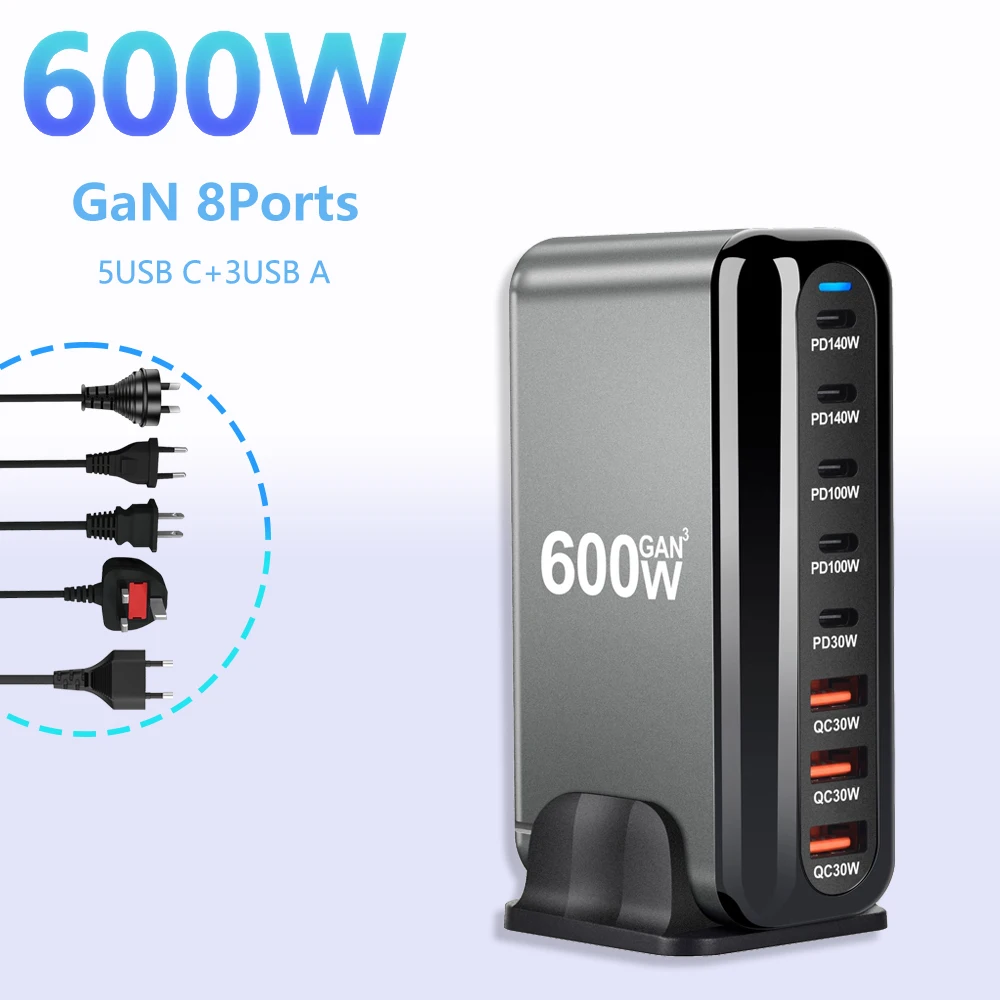 

Адаптер для нескольких зарядных станций мощностью 600 Вт, 5C3A GaN QC PD USB C, USB-концентратор питания для ноутбука IPhone 16/15/14 IPad MacBook