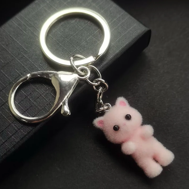 Cute Anime Cat Key Ring with Lobster Clasp, Fluffy Keychain, Gray, White, Pink, Cat Charm for Women\'s Bag, Car Keys Holder