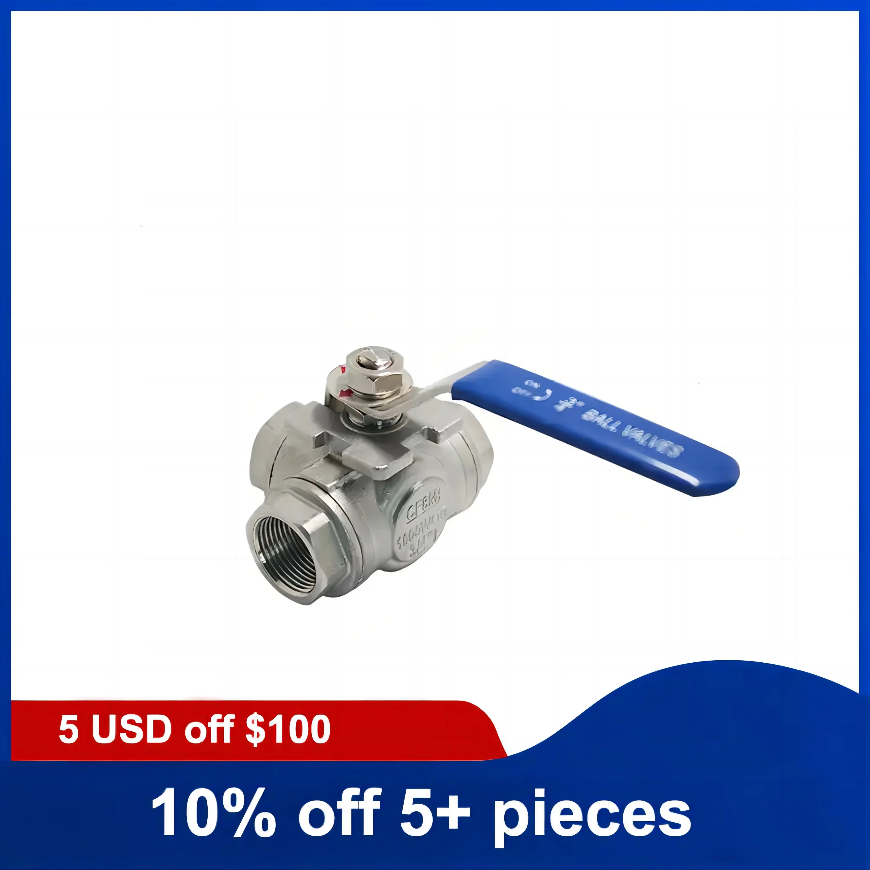 1-1/2inch 304 Stainless Steel 3 Way Ball Valve 100 WOG T/L Type Female Thread Manual Ball Valve