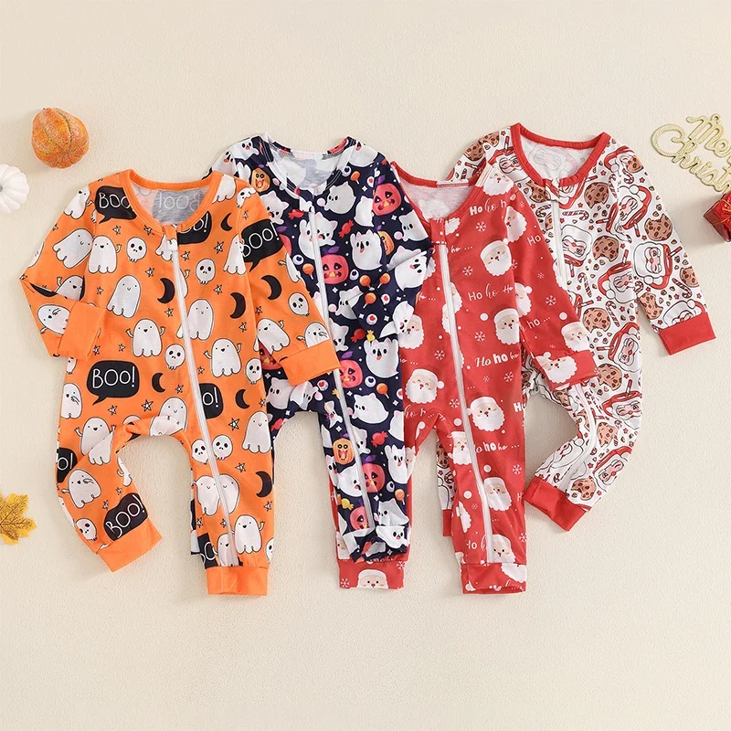 Newborn Infant Baby Girls Boys Jumpsuit Long Sleeve Ghost/Pumpkin/Santa Claus Print Zipper Closure Romper Clothes Xmas Costume