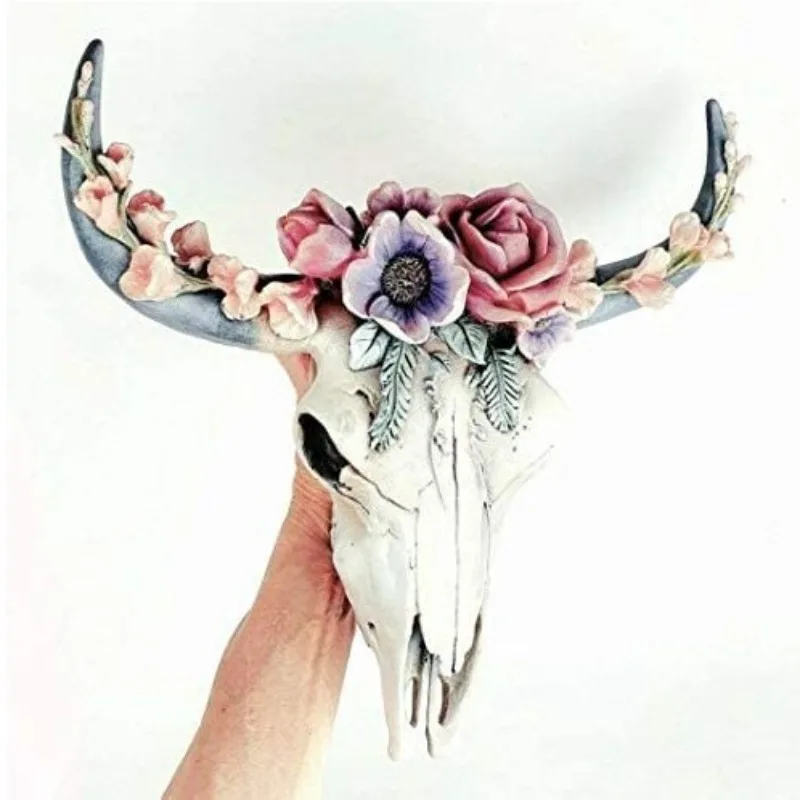 Cow Skull Wall Pendant Succulents/Flower Rose Resin Miniature Home Garden Decorations Animal Figurines Crafts Sculpture