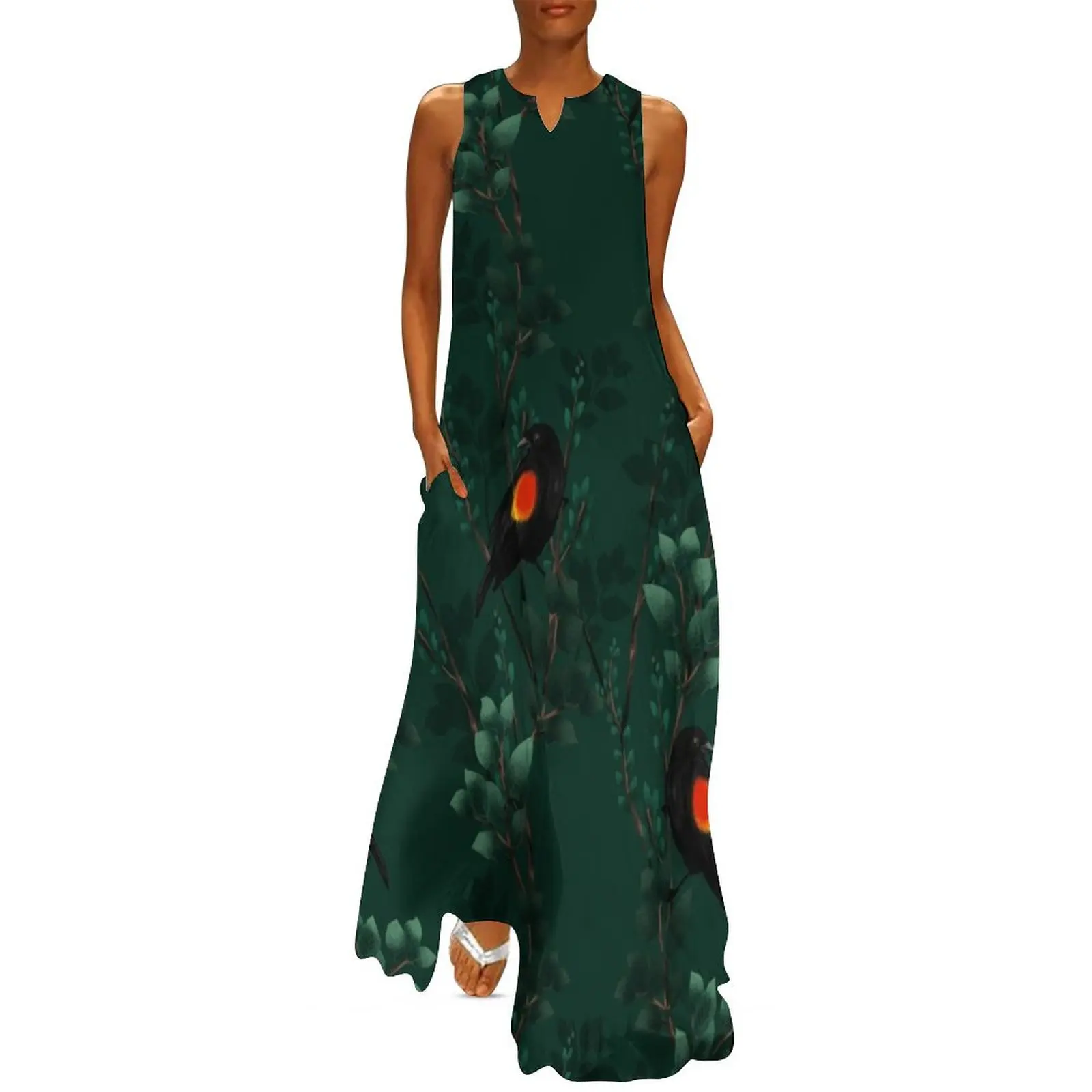 

Red-Winged Blackbird Pattern Long Dress dresses korean style dress korean style