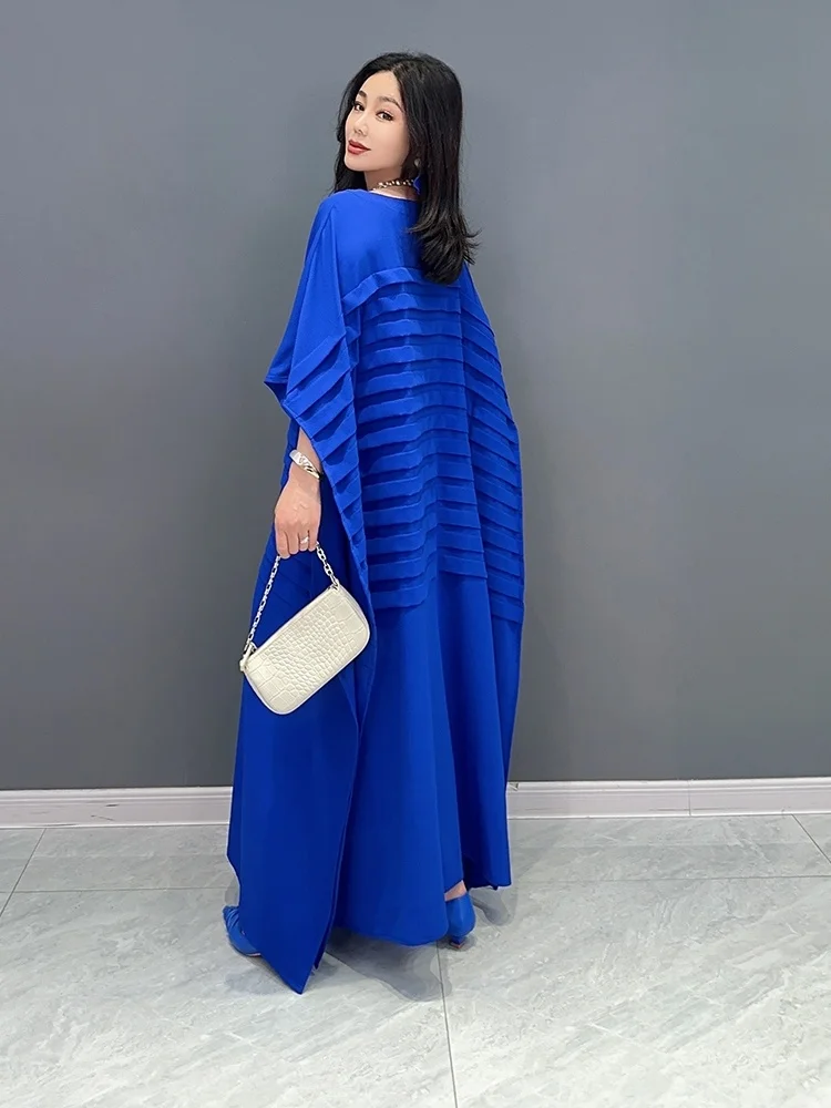 Vefadisa2024 Summer New Fashion Bat Sleeves Dress Personalized Pleated Tassel Rose Red And Blue Women Elegant Trendy Dress ZY682