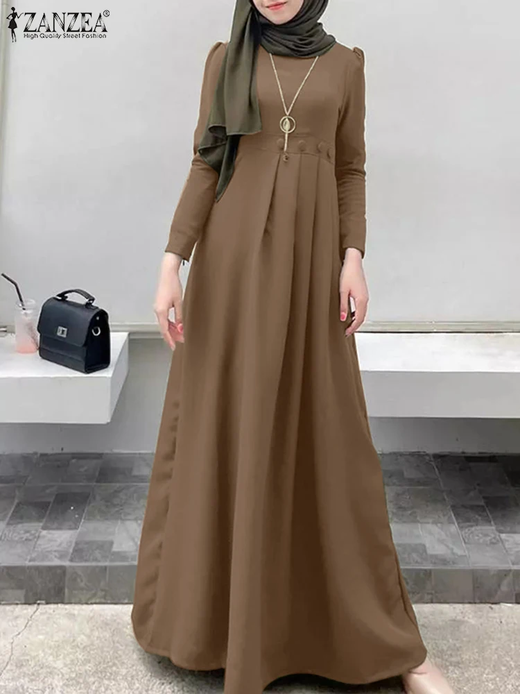 ZANZEA Women Muslim Long Dress Spring Full Sleeve O-Neck Solid Sundress Casual Loose Vestidos Elegant Robe Turkey Abaya Kaftan