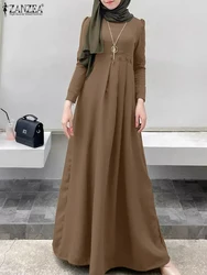 Women Muslim Long Dress ZANZEA Spring Long Sleeve O-Neck Solid Sundress Elegant Robe Turkey Abaya Kaftan Casual Loose Vestidos