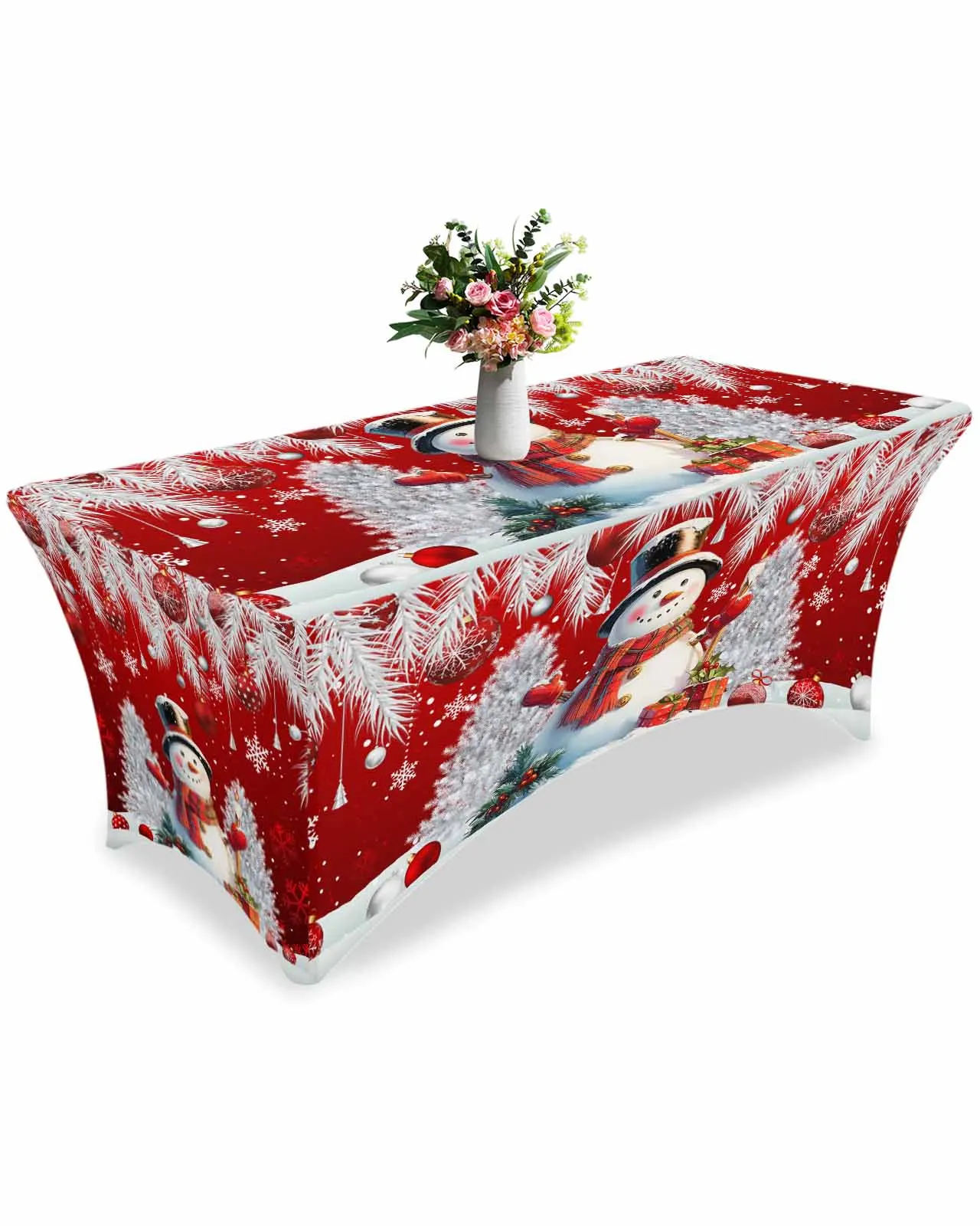 

Christmas Snowman Silver Pine Leaf Ball High Stretch Tablecloth Wedding Party Decor Table Cover Outdoor Table Cloth