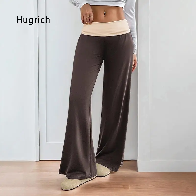 Low Waist Brown Wide Leg Sweat Pants for Women Spliced Design Relaxed Fit Trousers Soft Fabric Suitable for Daily Leisure Sport