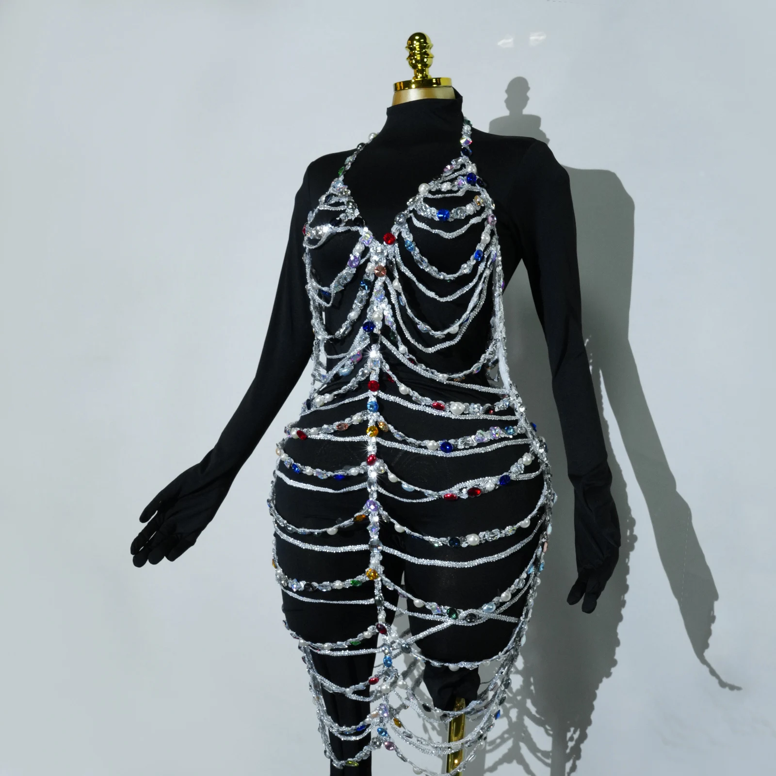 Sexy policromado corrente cristais oco vestido de festa moda clube modelo vestidos festa cantor palco ds dj dança roupas drag queen