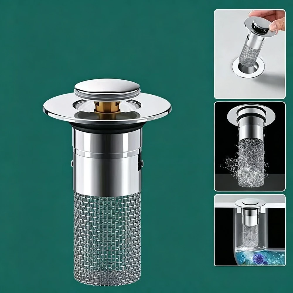 Universal Pop Up Sink Drain Stopper Brass Bounce Core Basin Hair Catcher Anti Clogging Bathtub Filter Plug for Bathroom Lavatory