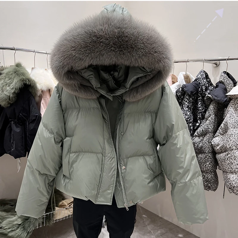 2023 Women Winter Fashion White Duck Down Jackets Female Real Big Fur Collar Hooded Coats Ladies Short Loose Overcoats