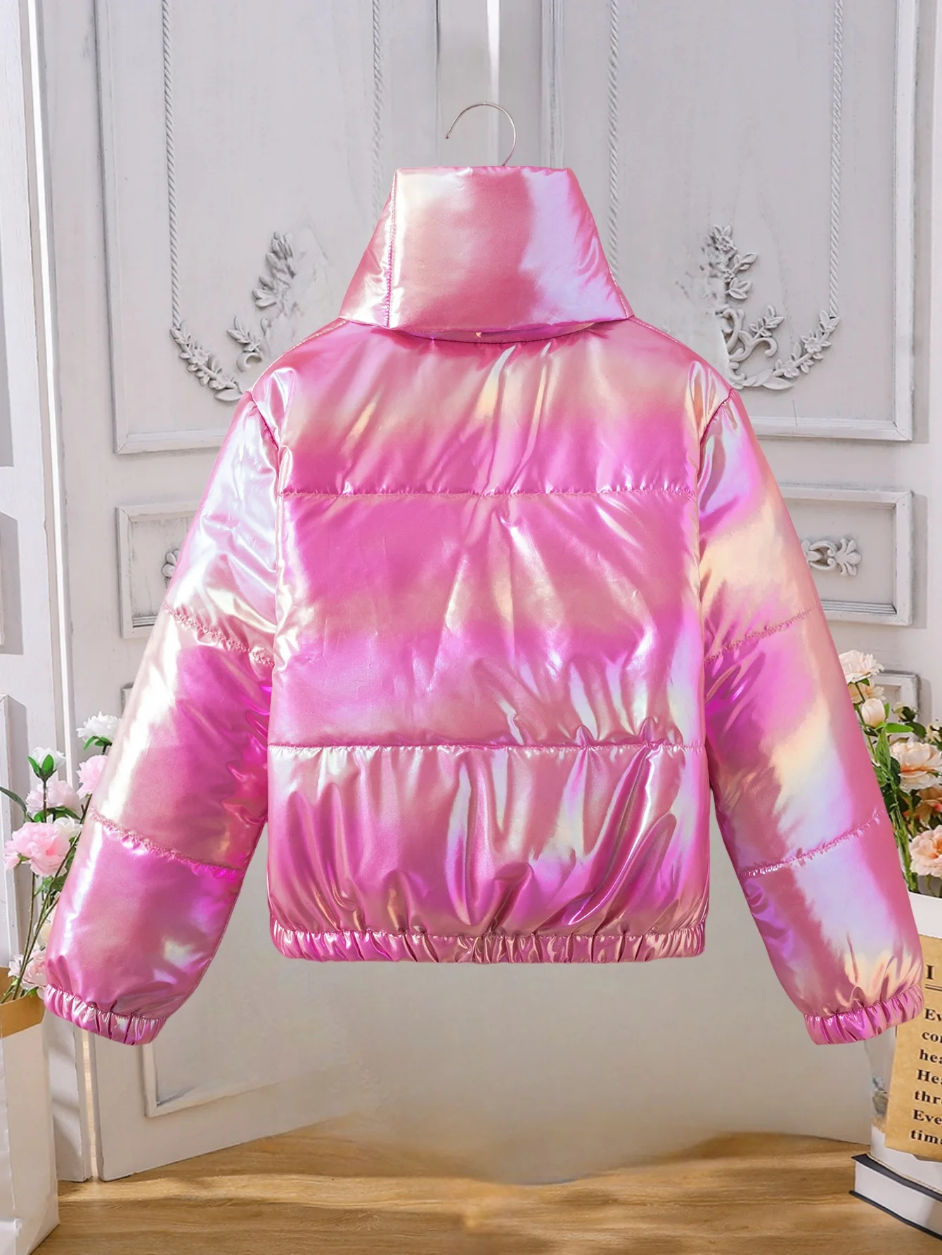 Winter cotton-padded jacket for children and girls with colorful stand-up collar and neck warm and bright face wash coat