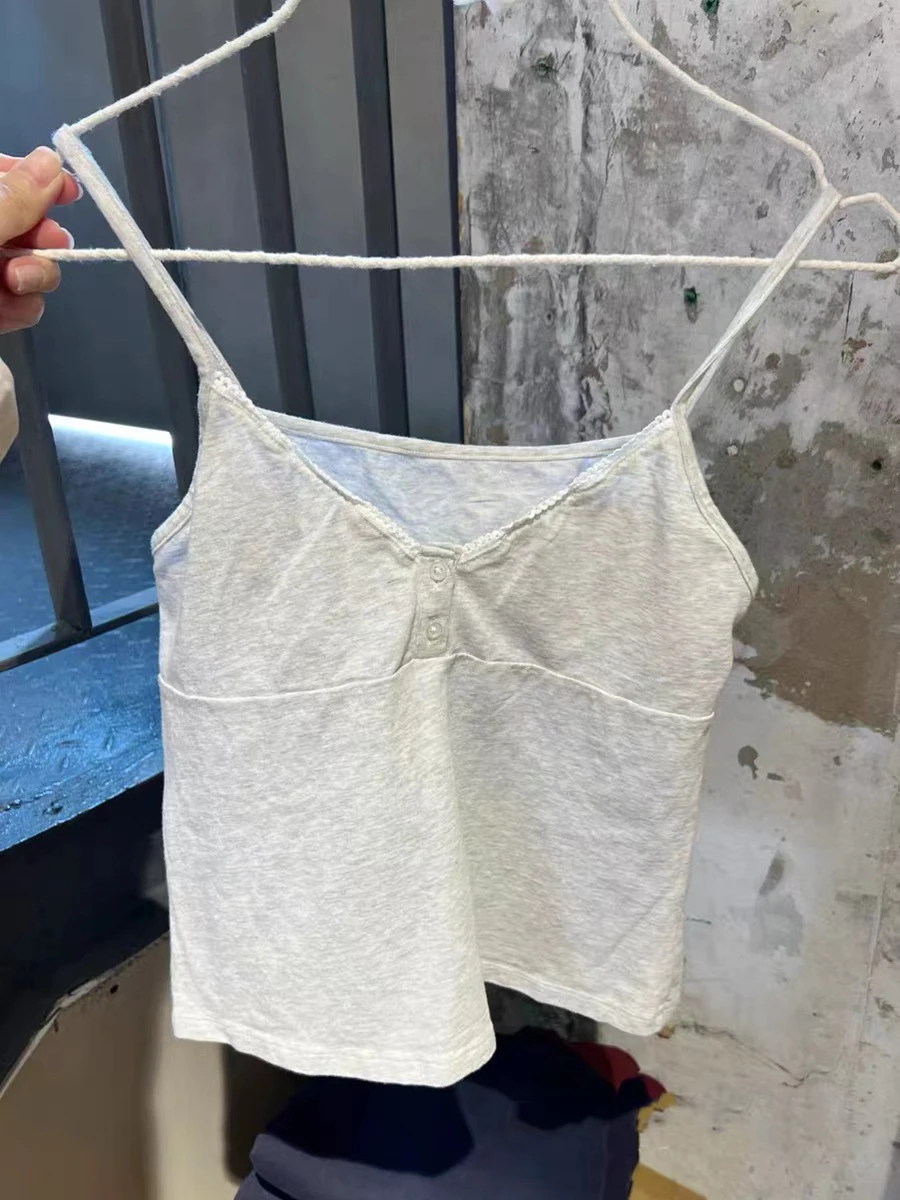 Gray Lace Trim Slim Crop Top Women Sweet Sleeveless Buttons Soft Cotton Vest Female Summer Cute Preppy Style Y2k Tank Tops