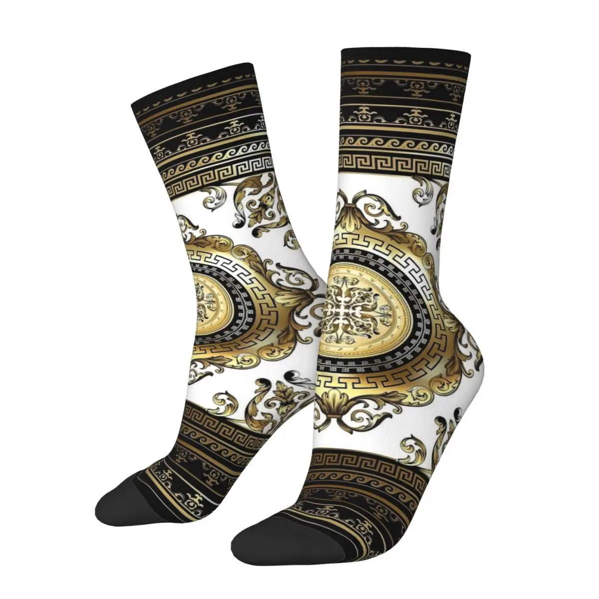 Hip-hop Ornate Baroque White Gold Black Greek Key Border Basketball Socks Polyester Crew Socks for Women Men Breathable