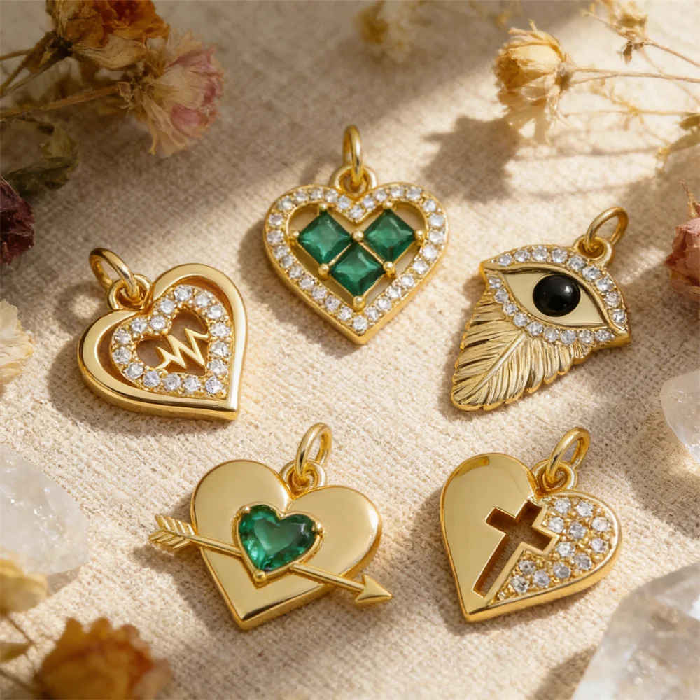 

4Pcs Pendants Brass Green Zirconia Heart Charms Evil Eye Cross Accessories for DIY Jewelry Necklace Bracelet Making Women Men